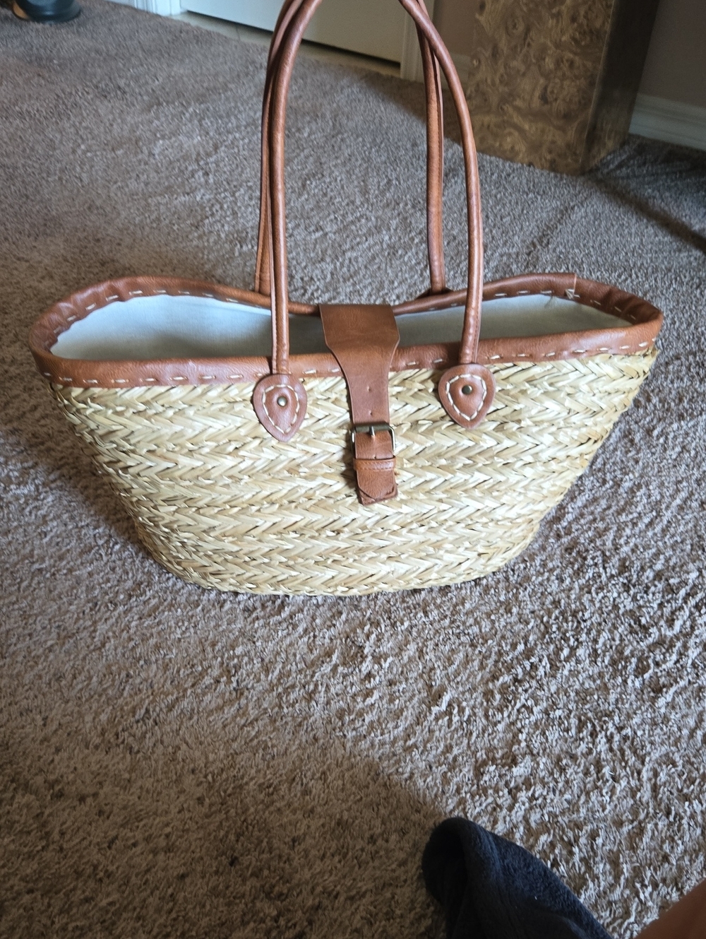 Woven Straw Tote Bag with Brown Leather Trim